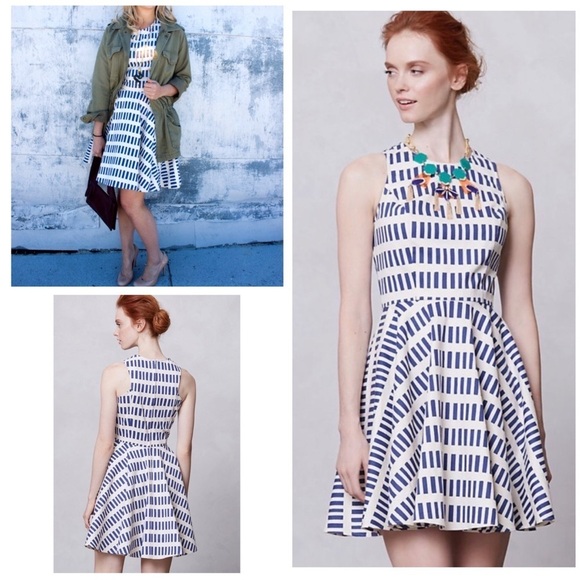 Anthropologie Dresses & Skirts - Anthro Dusen Dusen Dash Tennis Fit & Flare Cotton Graphic Blue and White Dress 2
